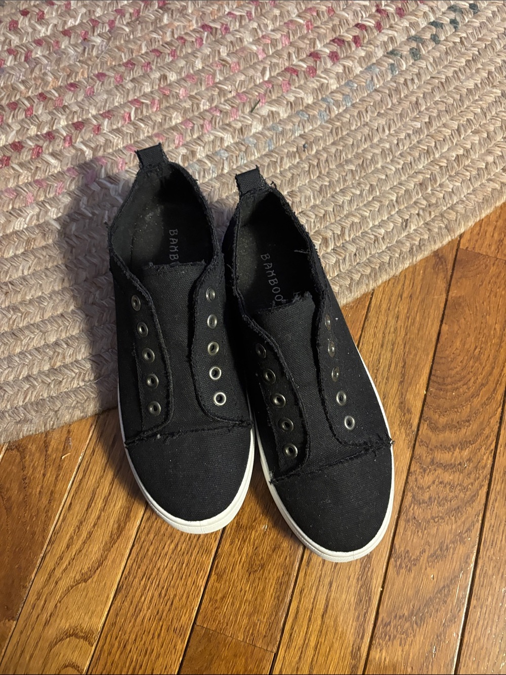BAMBOO Black Canvas Slip-On Sneakers with White Sole